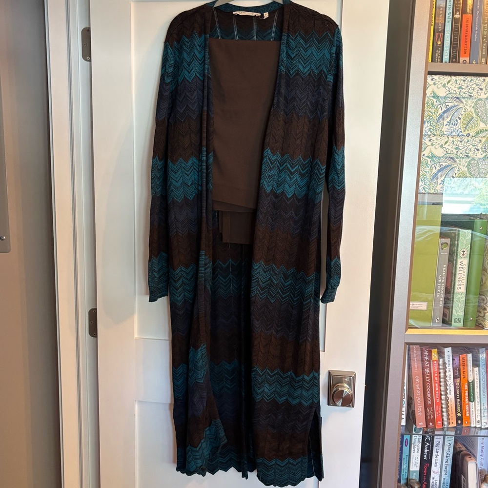 Soft Surroundings Teal and Brown Knit Cardigan Outfit with Leggings